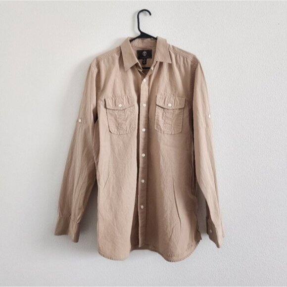 Timberland Mens Long-Sleeve Button-Up Shirt in Khaki size Small - Picture 1 of 4